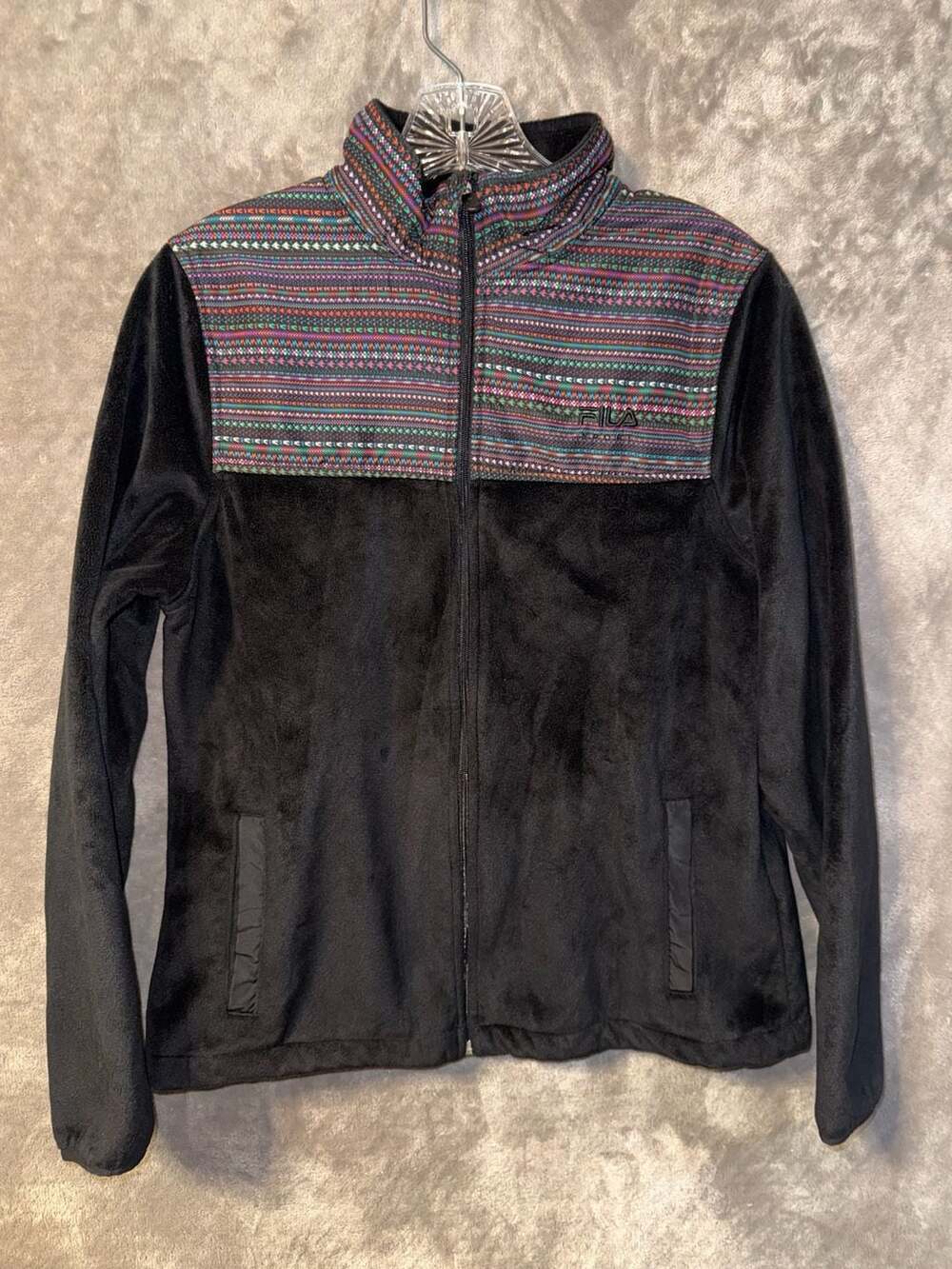 Fila Sport Women's Full Zip Fleece Jacket Black Patterned Size M